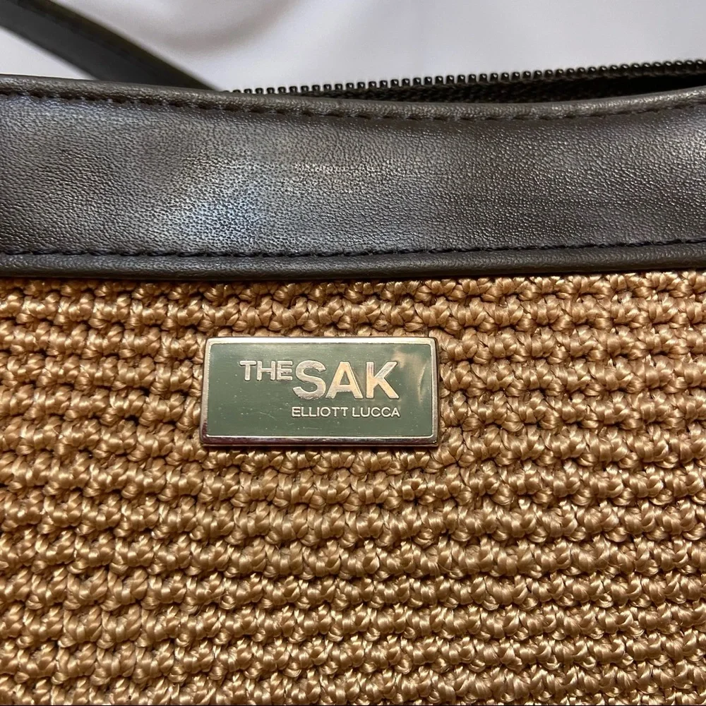 The SAK Tan Crocheted Womens Shoulder Bag with Brown Trim - Clean!
